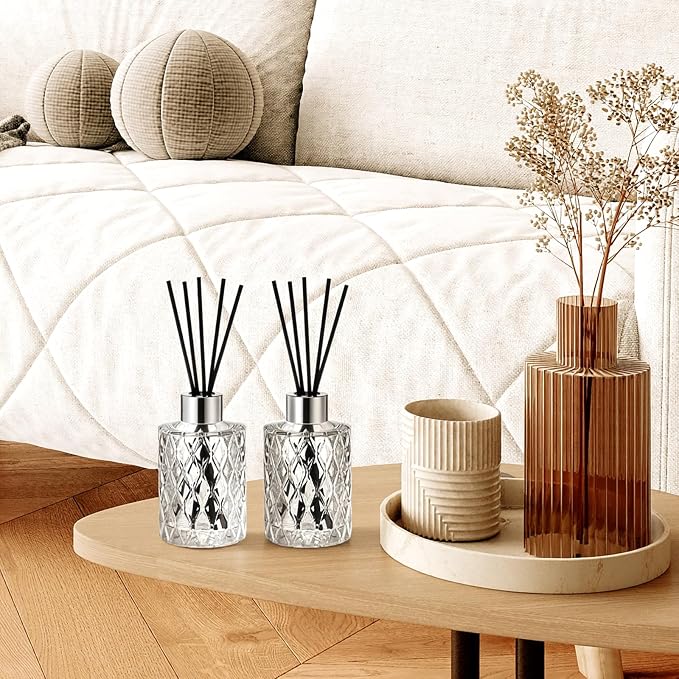 4 Set Empty Reed Diffuser Bottle Set with Stick, 150ml Refillable Patterned Glass Vase with Black Rattan Reed & Cap for DIY Essential Oil, Home Fragrance, Bulk,Silver