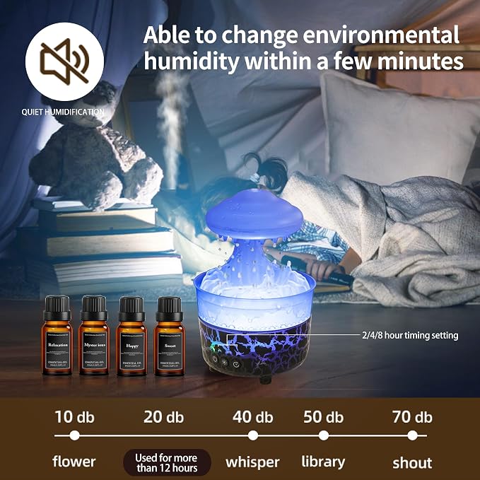 BOHOFAM Aroma Essential Oil Diffuser,Rain Cloud humidifier Simultaneously Water Drip and Air Mist,Rain Diffuser with 4 Hotel Collection Essential Oils for Home,Bedroom,Colorful Light(Black)