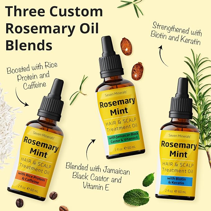 Seven Minerals Rosemary Oil for Hair Growth, Infused with Biotin, Keratin, Mint, and Natural Strengthening Oils for Men & Women, 2 fl oz