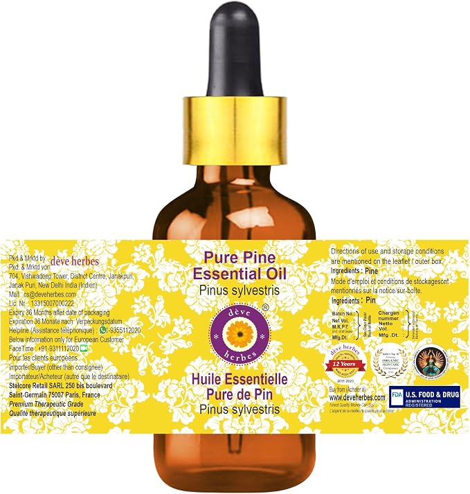 Deve Herbes Pure Pine Essential Oil (Pinus sylvestris) with Glass Dropper Steam Distilled (Pack of Two) 100ml X 2 (6.76 oz)