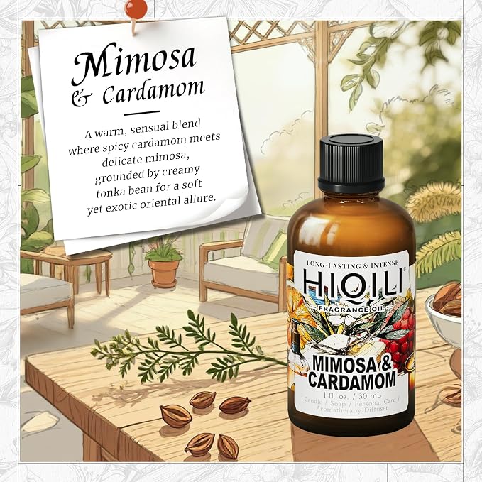 HIQILI Mimosa & Cardamom Fragrance Oil for Candle & Soap Making,Ideal for Essential Oil Diffuser, DIY Perfume, Room Sprays - 1 Fl Oz