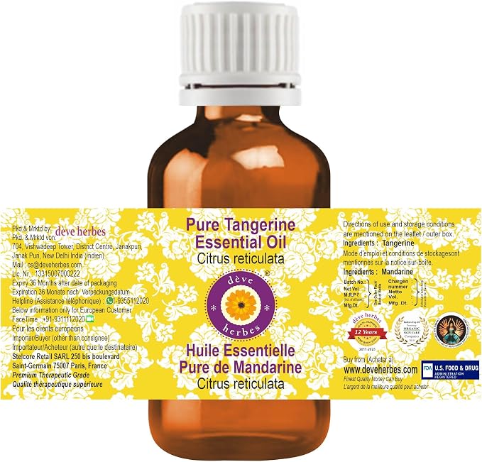 Deve Herbes Pure Tangerine Essential Oil (Citrus reticulata) Steam Distilled (Pack of Two) 100ml X 2 (6.76 oz)