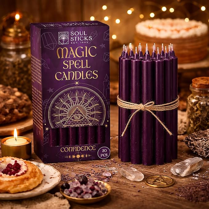 SOUL STICKS Confidence Magic Spell Color Chime Candles 20 Pack - Ideal for Altar, Rituals, Ceremonies, Meditation Purple Taper Candle for Witchcraft Supplies, Wiccan Supplies, Candles Clearance