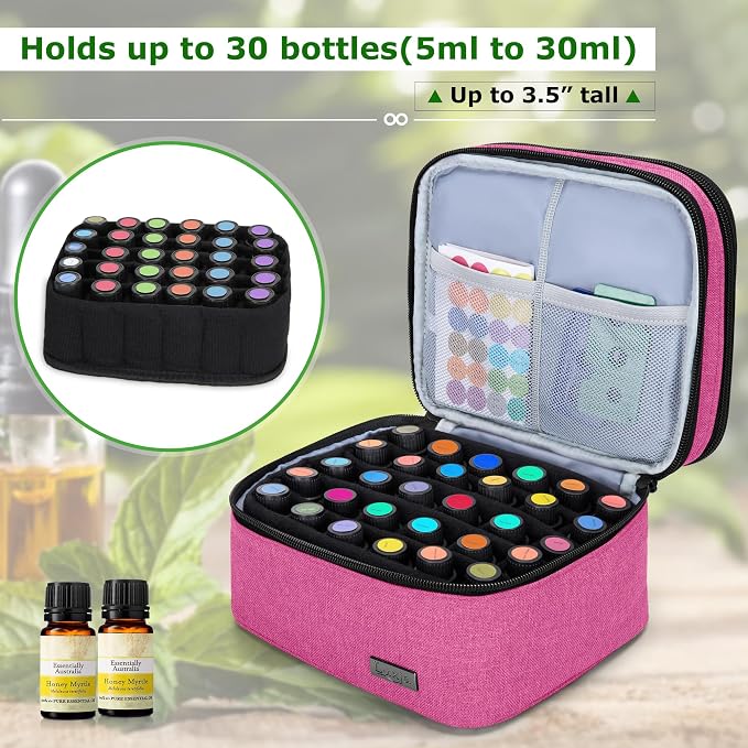 LUXJA Essential Oil Carrying Case - Holds 30 Bottles (5ml-30ml, Also Fits for Roller Bottles), Double-Layer Organizer for Essential Oil and Accessories, Pink (Bag Only)