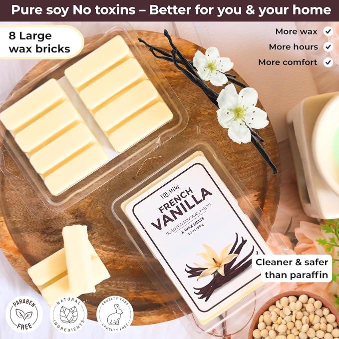 TRUMIRI French Vanilla Scented Wax Melts - Made with Non Toxic Soy Wax and Essential Oils - Long Lasting Strong Scent Pet Safe Candle Wax Cubes Tarts for Warmers - Fall Christmas