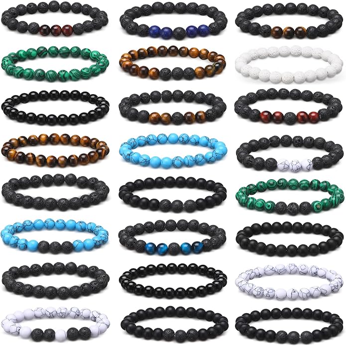Landical 24 Pcs 8 mm Natural Stone Beads Bracelet Set Tiger Eye Men Stretch Lava Adjustable Onyx Matte Beads Essential Oil Diffuser Bracelet for Men Women Jewelry Gifts