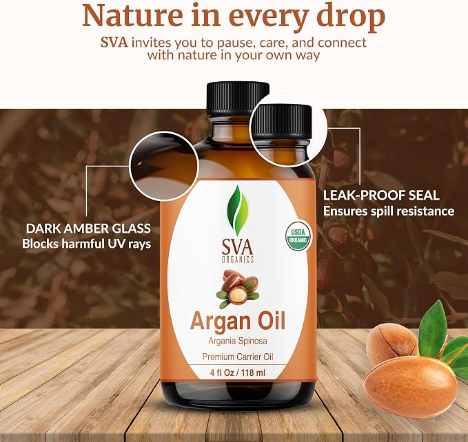 SVA Argan Oil Organic - 4 Fl Oz – 100% Natural Cold Pressed Organic Argan Oil - for Face, Skin Care, Hair Care, Scalp Massage & Body Massage – Carrier Oil with Dropper