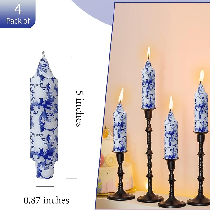 5 Inch Blue and White Tapered Candles Short Floral Candlesticks Hand Poured Unscented Smokeless Porcelain Candles for Dining Everyday Meals Family Dinner Elegance Blue White Porcelain Style