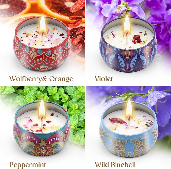 Scented Candles Gift Set for Women 4 Pack Soy Wax Candles with Dried Flowers Reusable Tin Aromatherapy Relaxation Gift for Birthday Mothers Day Valentines Day