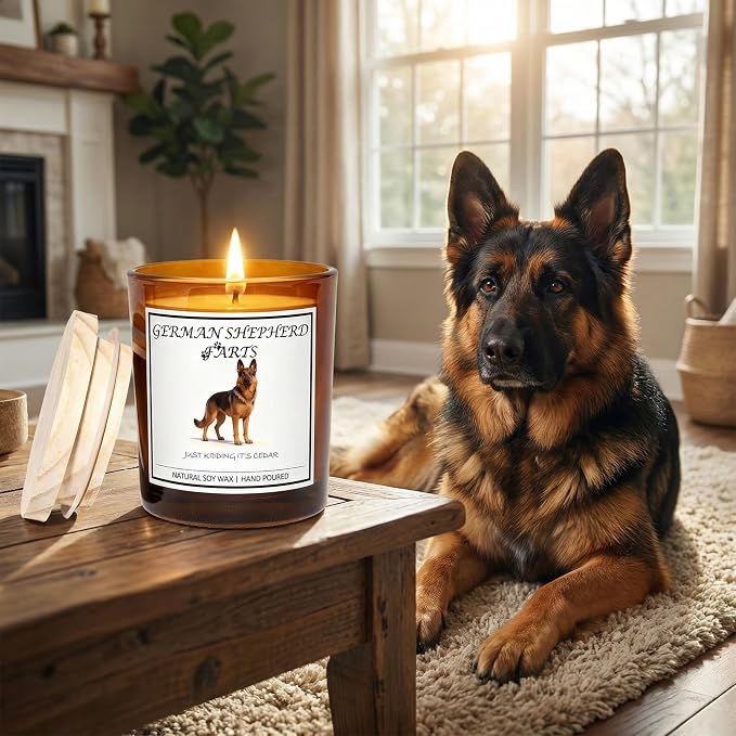 German Shepherd Gifts for Women | Birthday Gifts for Mom | Light When Dog Farts Candle | Cedar By Natural Soy Wax | Pet Safe Friendly Memorial Candles for Home Scented Household Essentials