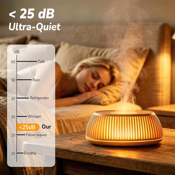 Flame Essential Oil Diffuser 150ml, Ultrasonic Aromatherapy Diffuser with 7 Color Lights, 1/2/4H Timer, Auto Shut-Off for Home Office Bedroom (Wood)