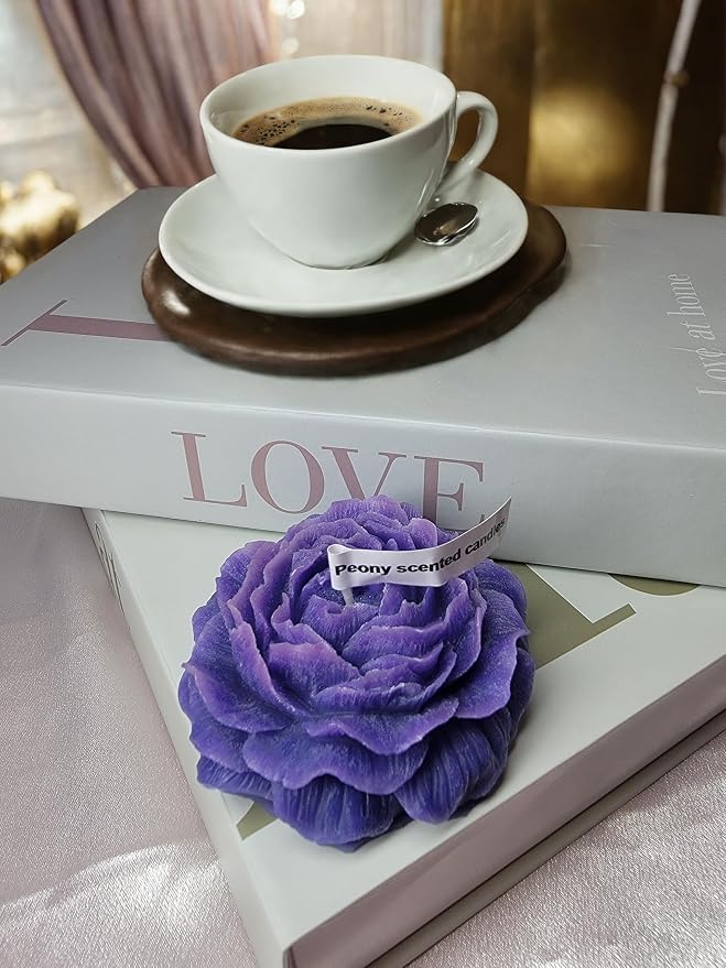 Peony Flower Shaped Candle with Scent, Soy Wax Blend Aromatherapy Candle, Gift Candle, Gifts for Women, Candles for spa, Stress Relief, Meditation, Wedding, Home Decor, Relaxing Atmosphere, (Violet)