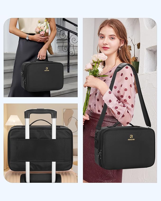 Relavel Makeup Bag Train Case for Women Travel Cosmetic Organizer with Adjustable Dividers and Brush Compartment, Large Storage Box for Cosmetics, Toiletries, Nail Polish, Jewelry, Electronic (Black)