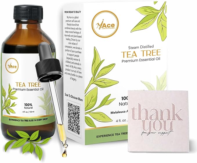 My ACE Tea Tree Essential Oil 4 Fl Oz - 100% Pure & Natural - Premium Grade for Aromatherapy, Diffuser, Skin, Hair, Massage, Candle & Soap Making, Home - Glass Bottle with Dropper - Long Lasting Scent
