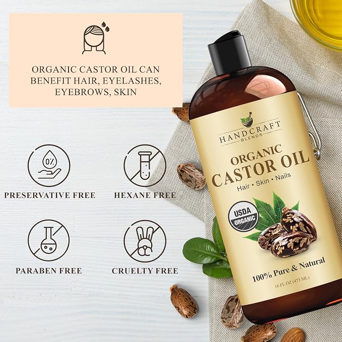 Handcraft Blends Organic Castor Oil 16 Fl Oz | Roll on Bottle | 100% Pure and Natural | Premium Grade Carrier Oil | Hair, Eyelashes and Eyebrows | Hair and Body | Expeller-Pressed | Hexane-Free