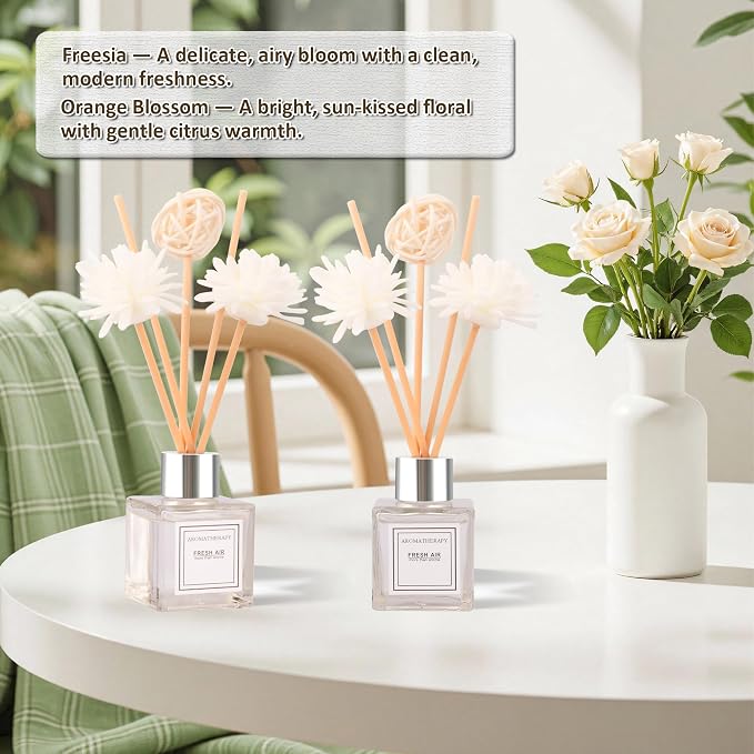 Reed Diffuser Set of 2, Freesia & OrangeBlossom Scent Oil Diffuser with Sticks for Home Fragrance, Office Living Bedroom Decor, Bathroom Decor and Accessories, Air Fresheners Gift, 1.7 fl oz/50ml x 2