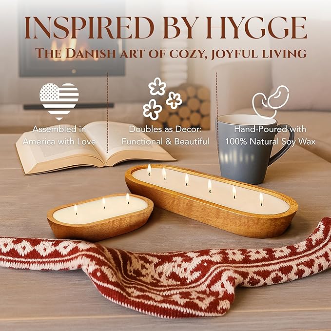Dough Bowl Candle Co. Warm Cinnamon Buns Soy Candle - 3 Wick Rustic Farmhouse Coffee Table Decor, Odor Eliminator in Wooden Bowls, 20 Oz Wooden Dough Bowl Candle, All-Natural Gifts for Women and Men