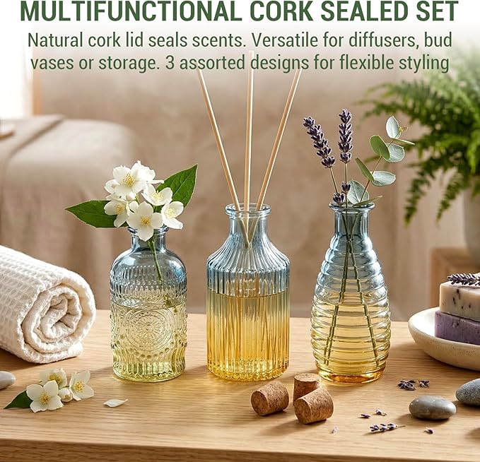 MyGift Small Blue Yellow Gradient Glass Reed Diffuser Bottles, Vintage Embossed Apothecary Style Flower Bud Vases with Cork Lids, Assorted Designs and Sizes, Set of 3
