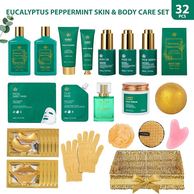 Gifts for Women & Men, Eucalyptus 32 Pcs Bath & Body Gift Basket for Women & Men, Fathers Day Gift, Hydrating Face Skin Care Kit, Self-Care Home Spa Basket Gift Set, Birthday, Christmas, Anniversary