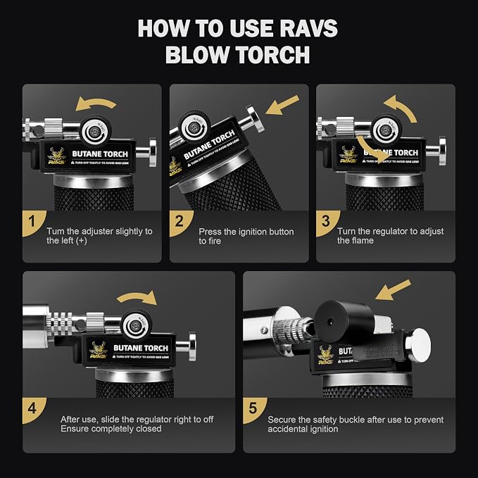 RAVS Butane Torch Lighter, Premium Metal Kitchen Torch with Adjustable Flame & Safety Buckle, Refillable Creme Brulee Torch for Baking, BBQ, DIY, Resin Art, Black, Butane Gas Not Included