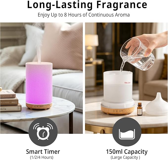 Essential Oil Diffuser 150ml, Fabric Texture Ultrasonic Aromatherapy Diffuser with 1/2/4H Timer, 7 Color Lights, Auto Shut-Off, Ultra-Quiet for Bedroom Home Office (Wood)
