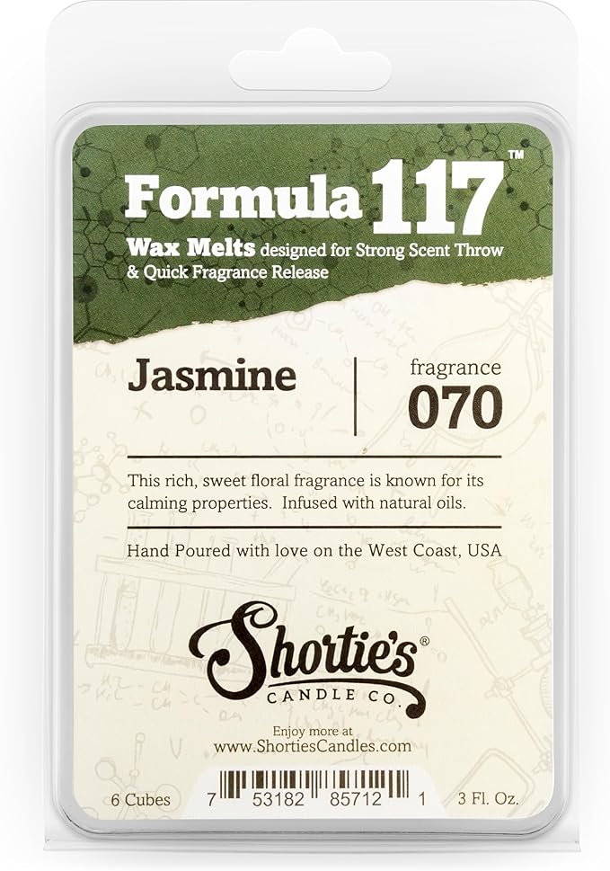 Shortie's Candle Company Pure Jasmine Wax Melts - 1 Highly Scented 3 Oz. Bar - Made with Essential & Natural Oils - Flower & Floral Air Freshener Cubes Collection (Packaging may vary)