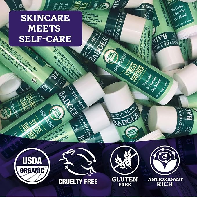 Badger Stress Soother Balm, Organic Essential Oil Aromatherapy, Calm & Soothe the Mind, Easy to Use Portable Stick, Effective Self Care, .6 oz