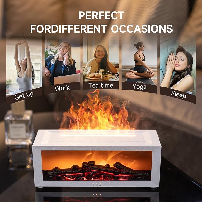TMEHM Fireplace Flame Air Diffuser Humidifier,7 Colors Aromatherapy Essential Oil Diffuser,Ultrasonic Aroma Humidifier with Timer for Home,Bedroom,Office,Yoga (White, L)
