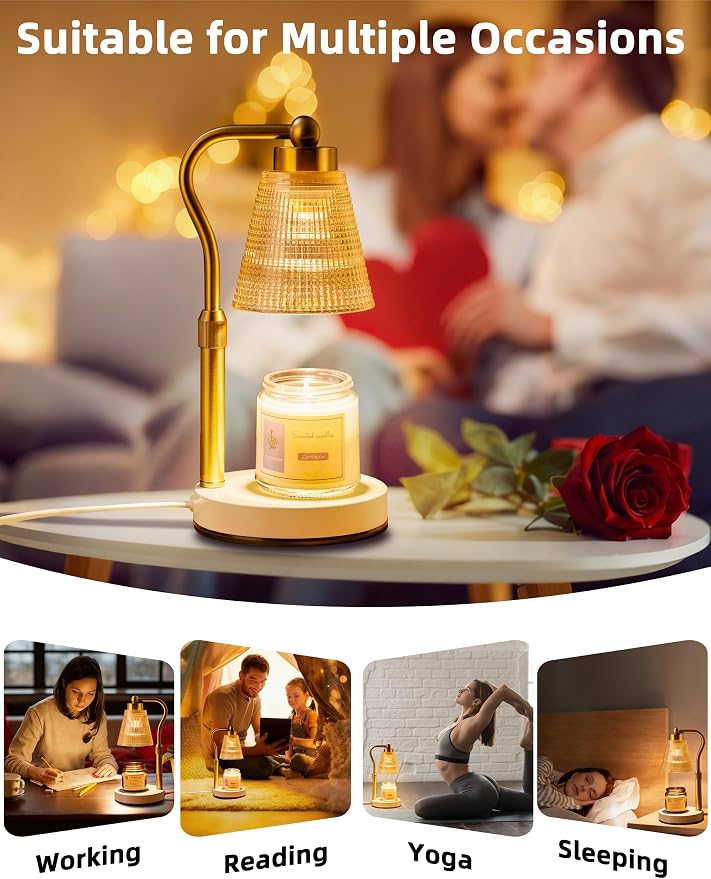 Candle Warmer Lamp for Jar Candles, Height Adjustable & Dimmable with 2/4/8H Timer, 2*50W Halogen Wax Melter Warmer for Home Office Décor, Flameless & Smokeless, Gift for Women Mom,Gold- Amber/1 Pack