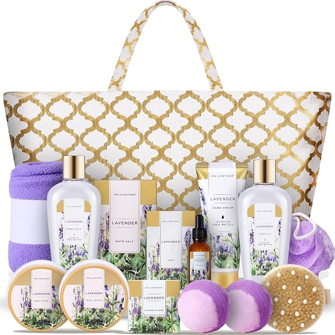 Spa Luxetique Gifts for Women 15Pcs Lavender Gift Baskets for Women Bath and Body Gift Set With Tote Bag Birthday Anniversary Gift for Wife Girlfriend Sister Mothers Day Gifts for Her