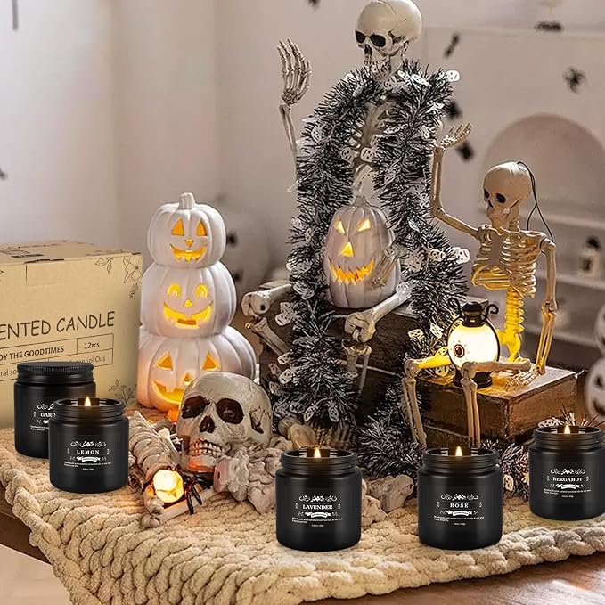 WPONSZU 12 Pcs Halloween Scented Candles with Added Natural Essential Oils, 3.05oz, Suitable for Various Festivals, Parties, Yoga, and Home Scene(Black)