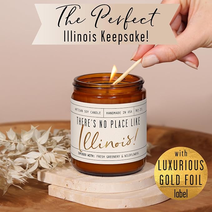 Illinois Gifts, Illinois Decor for Home - 'There's No Place Like Illinois Candle, w/Greenery, Ozone & Wildflowers I Illinois Souvenirs I Illinois State Gifts I 9oz Jar, 50Hr Burn, USA Made