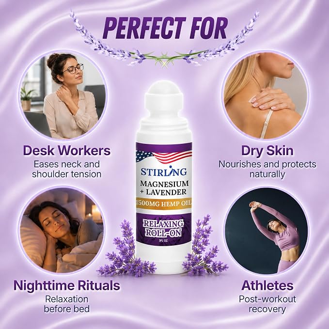 Stirling Lavender Roll On Lotion with Magnesium and Pure Hemp 1500mg – Fast Acting Muscle Relief, Calming Scent for Relaxation & Recovery, Natural Ingredients