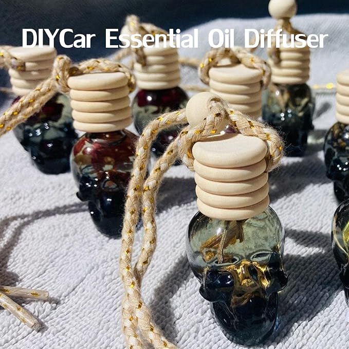 7 Pcs 8ml Hanging Car Air Freshener Diffuser,Empty Black Gradient Glass Essential Diffuser Oil Aromatherapy Fragrance Perfume Pendant Glass Vials with Wooden Caps (Skull, 8ml)