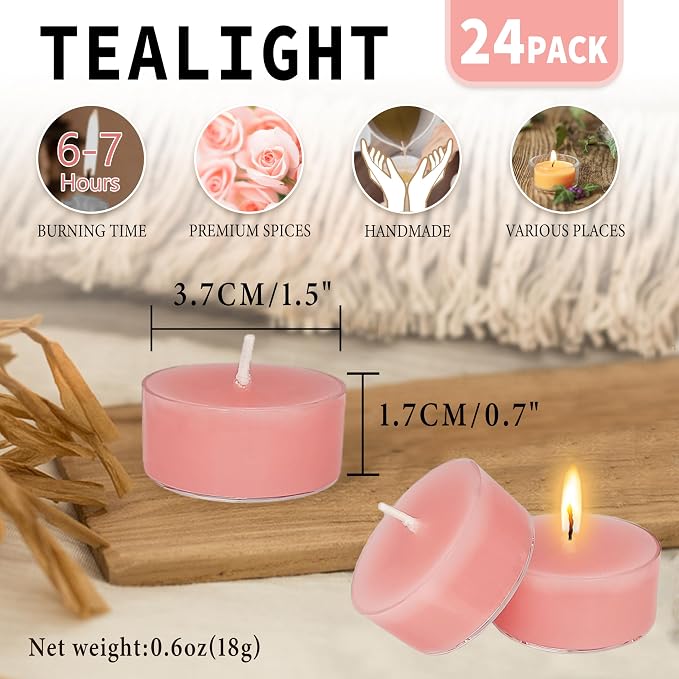 Rose Scented Tealight Candles, 24 Pack Pink Tea Lights, 6 Hour Burn Time, Modern Floral Theme, Dripless & Smokeless