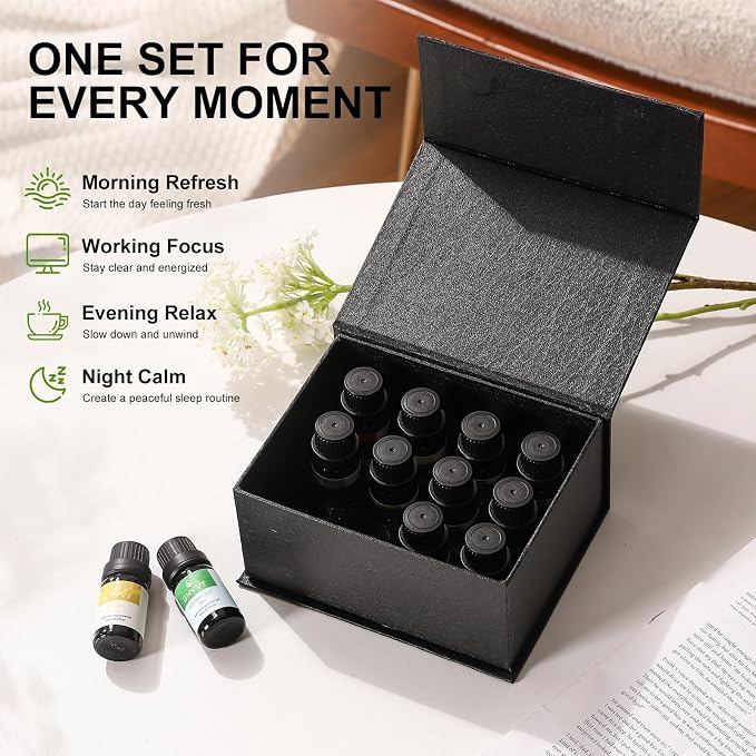 Essential Oils Set for Diffusers – 12 Pack Aromatherapy Oils for Sleep, Relaxation & Focus – Lavender, Peppermint, Eucalyptus, Vanilla & More – Gift Set for Home & Office
