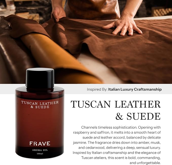 Tuscan Leather & Suede Hotel Diffuser Oil, 100ml, 3.38 oz Aroma Oil, Italian Luxury Craftsmanship Scent, Aromatherapy Refill Fragrance for Waterless Cold Air Diffusers, Home, Office, Hotel