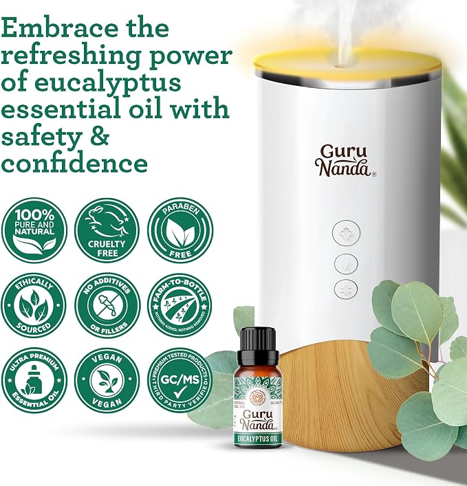 GuruNanda Eucalyptus Essential Oil -100% Pure, Natural and Undiluted Aromatherapy Oil for Diffusers - Aids in Congestion Relief - Perfect for Massages (0.5 Fl Oz)