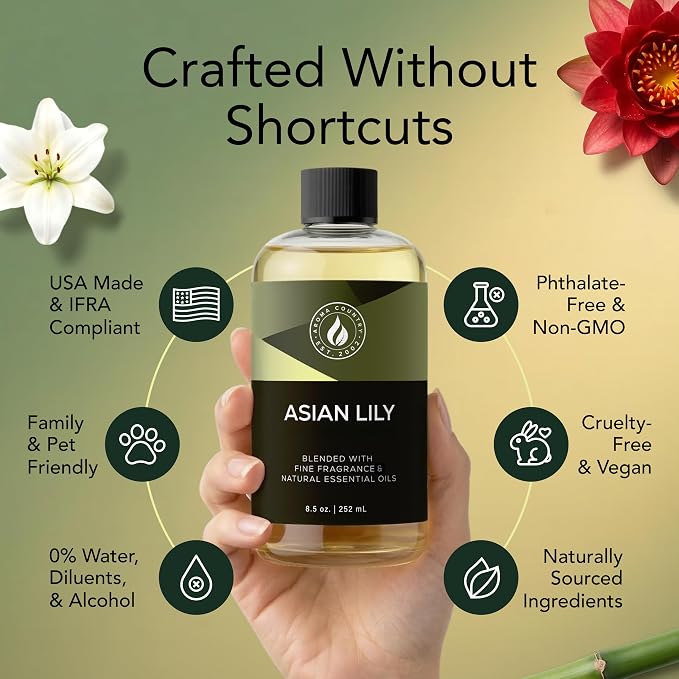 Aroma Country Asian Lily Diffuser Oil - Luxury Essential Oils for Diffuser Refill & Air Freshener Room Spray, Long-Lasting, Natural Home Fragrance and Hotel Scent for Diffusers & Machines (8.5 Fl Oz)