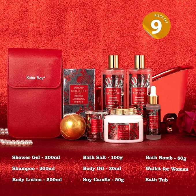 Spa Gift Basket Spa Gift Set For Women, Birthday Gifts for Her, Spa Gift Basket for Women, Red Rose Bath and Body in Floral Scents Bath Kits, Home Spa Gift Basket, Bath Spa Kit for Mothers day Lotion