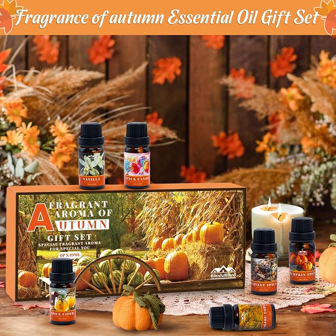 Autumn Essential Oils for Diffuser for Home, Aromatherapy Oils Diffusers Scents for Humidifier, Soap & Candle Making, Pumpkin Spice, Harvest Spices and Vanilla Fragrance Oils Set for Gifts(6×10ml)