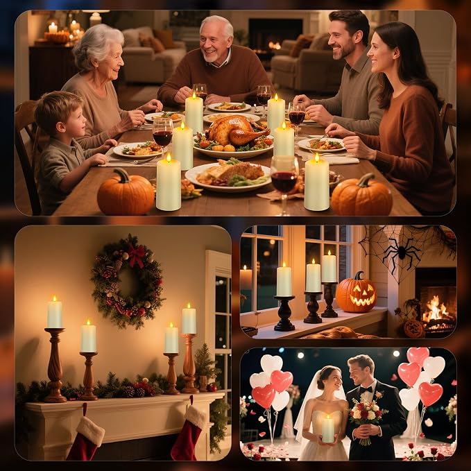 PChero Rechargeable Blow Out Candles with Remote and Timer, LED Flickering Flameless Candles, Battery Operated Pillar Candles for Christmas Halloween Table Wedding Home Decor, Long Lasting, Set of 4