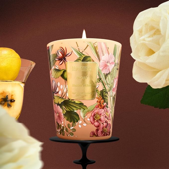 M&SENSE Peony Blush Sude Natural Soy Scented Candle, 14.1oz 60H Non-Toxic Slow Burning Candle, Summer Unique Floral Perfect Present for Women