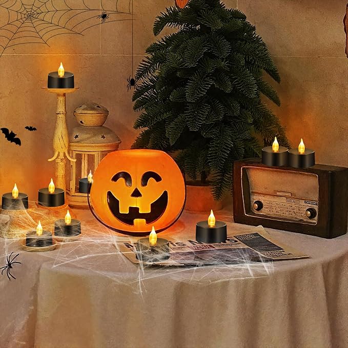 Tea Lights Battery Operated Candles LED Tea Lights Flameless Candles 200+ Hours Flickering Fake Tealights for Halloween, Christmas Aniversary Home Table Decor(Black, 12 Pack)