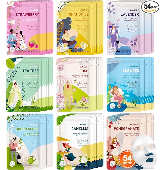 KONEUK 54 Pack Bulk Sheet Face Masks Skincare, Hydrating and Moisturizing Face Mask for All Skin Types, Collagen Facial Masks for Skin Care, Spa Birthday Party Supplies (9 Types x 6 Pcs)
