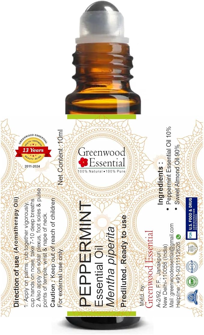 Greenwood Essential Peppermint Essential Oil (Mentha piperita) Pre Diluted Ready to Use Roll-on Blend for Aromatherapy and Topical Skin Application for Kids and Adults 10ml (0.33 oz)