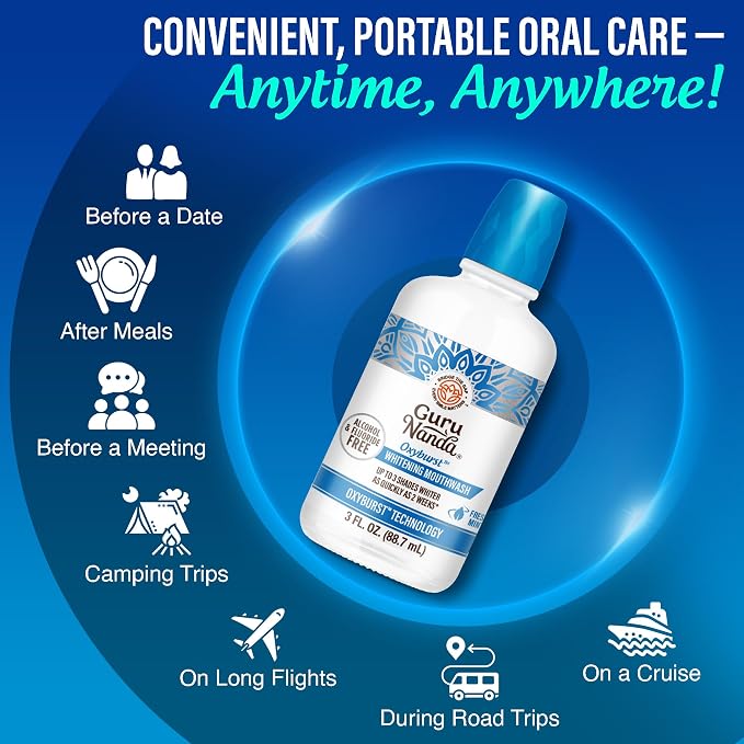 GuruNanda Whitening Mouthwash – Up to 3 Shades Whiter Teeth in 2 Weeks – Alcohol & Fluoride Free Travel Mouthwash with Hydrogen Peroxide – Oxyburst Technology, TSA Friendly, Wild Mint - 3oz, Pack of 2