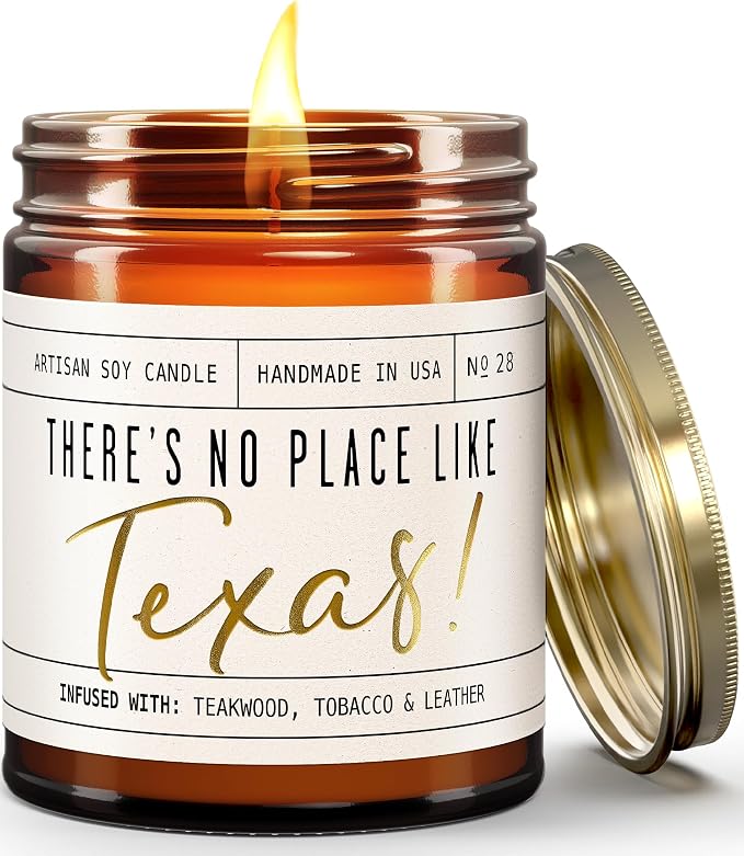 Texas Gifts, Texas Decor for Home - 'There's No Place Like Texas Candle, w/Teakwood, Tobacco & Rich Leather I Texas Souvenirs I Texas State Gifts I 9oz Jar, 50Hr Burn, USA Made