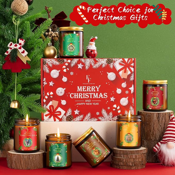 Christmas Candles Set, Scented Candles for Home, 6 Pack Holiday Natural Soy Candles, Christmas Gifts for Women Men, Winter Fragrance of Cedar/Cookies/Cider/Cinnamon/Wreath/Christmas Eve