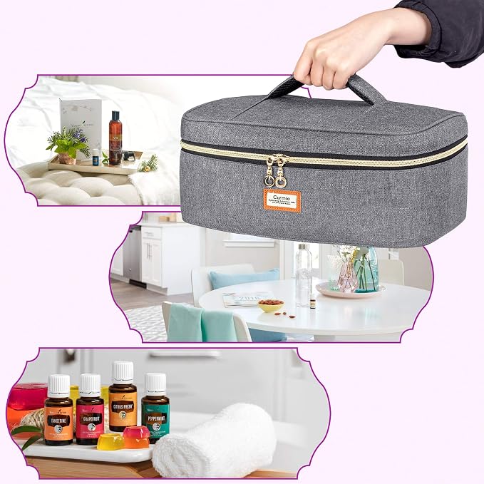 CURMIO Essential Oil Storage Case for 40 Bottles (5ml-30ml), Essential Oils Organizer Case with 2 Detachable Visible Pouches and Portable Handle, Patented Design, Gray (Bag Only)